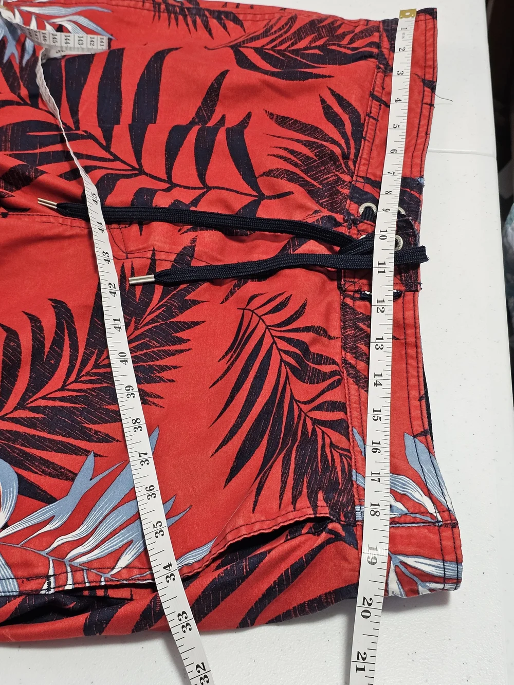Nautica Red Swim Shorts with Black and Light Blue Tropical Leaf Print Large